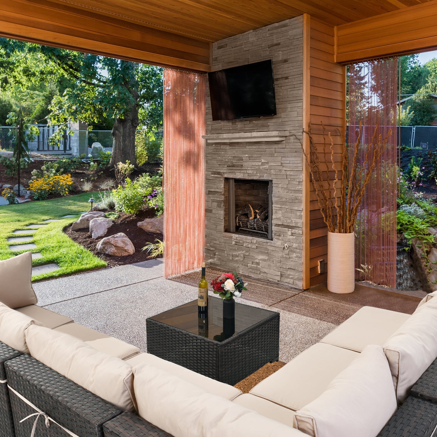 Outdoor sectional best sale with fireplace